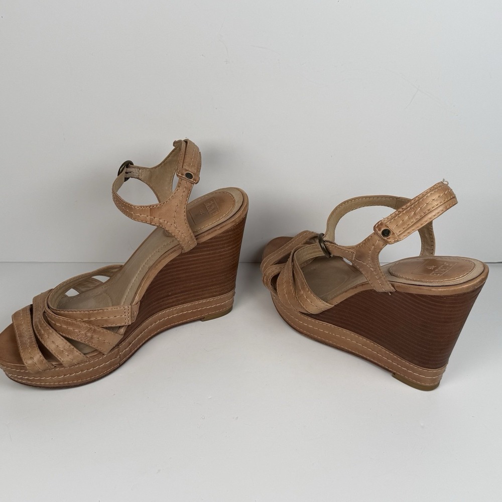 Frye Corrina Stitch Tan Leather Platform Wedge Heel Shoes Strappy Sandal Women 9 - Picture 3 of 9